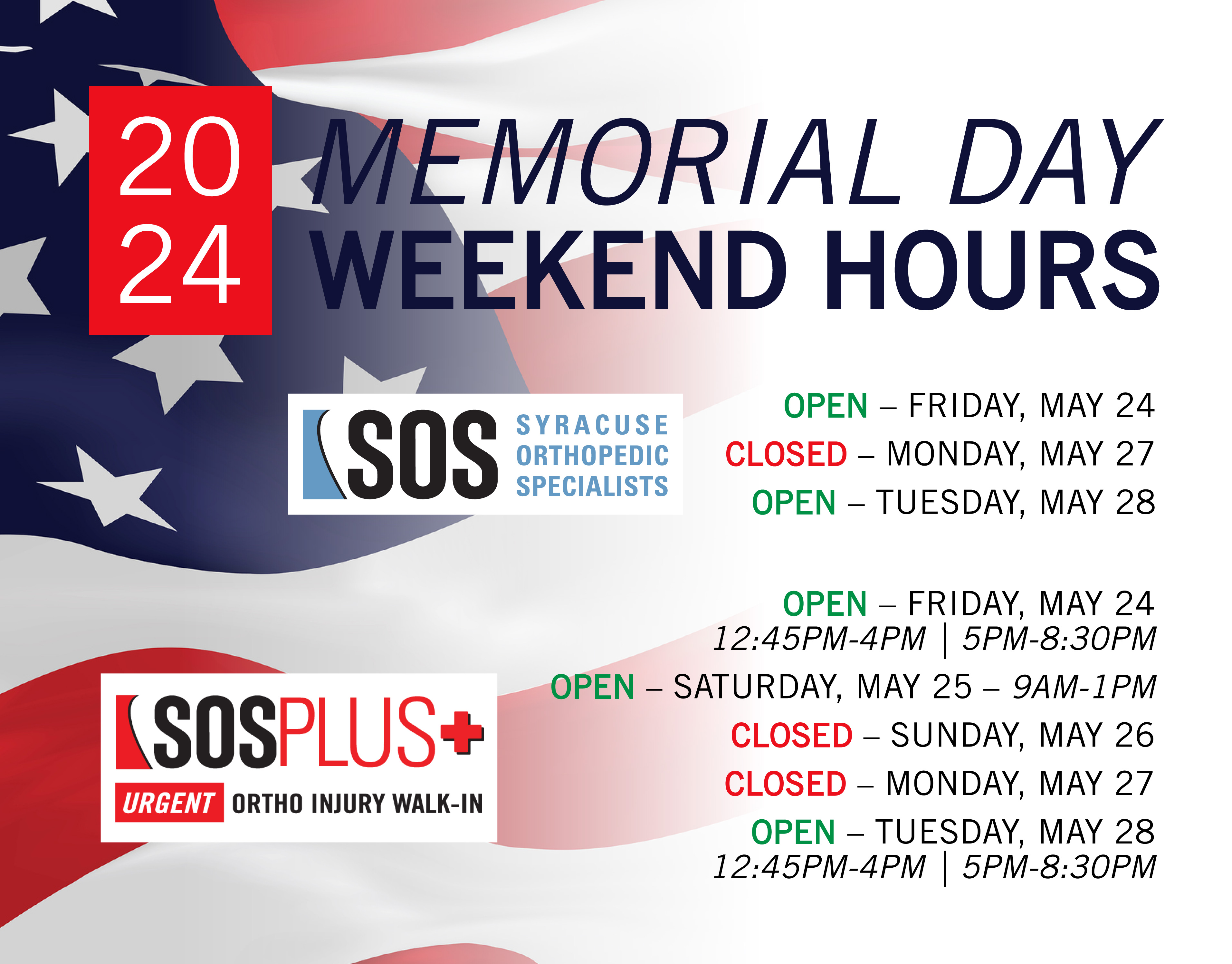 2024 SOS and SOS PLUS Memorial Day Weekend Hours